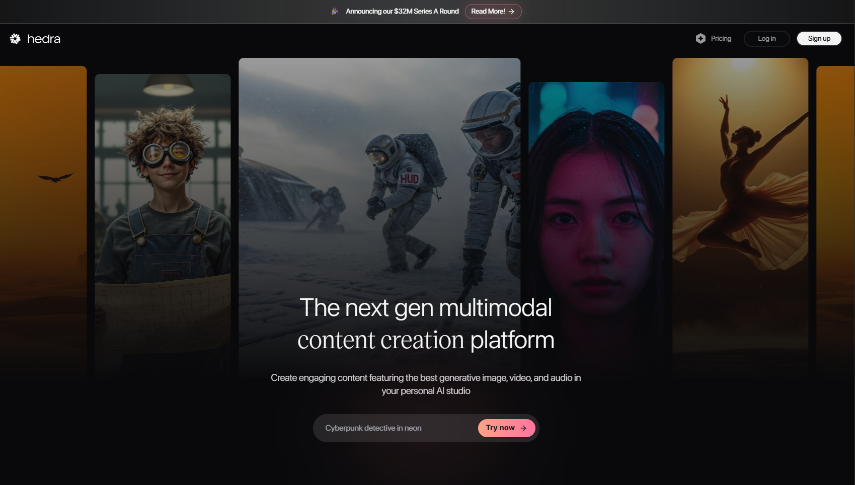 Hedra homepage showcasing multimodal AI content creation tools with futuristic avatars, creative genres, and visual storytelling interfaces